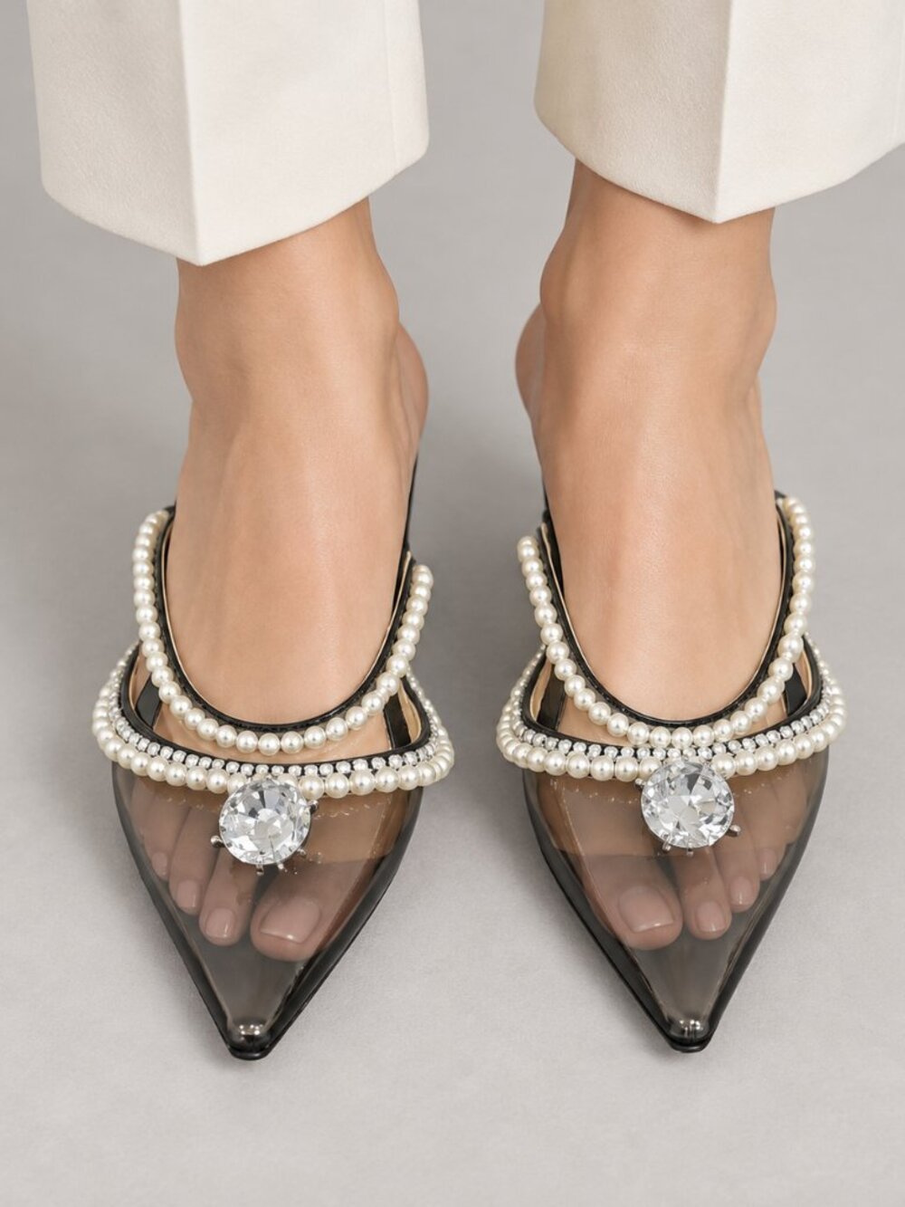 MACH & MACH Black Clear Pointed Pearl-Trim Mules with Crystal